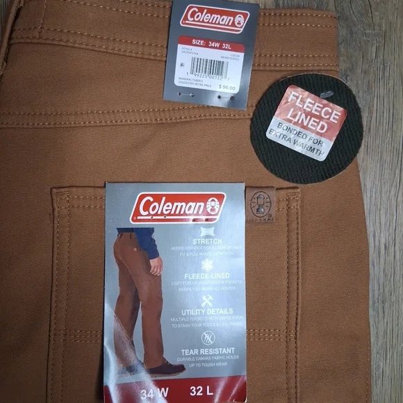 Coleman Men's 34 x 32 Toffee/Brown Utility, Fleece Lined, Stretch Pant NWT - Picture 4 of 8